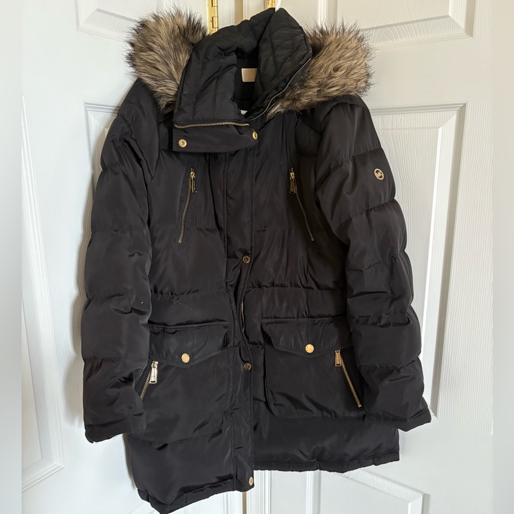 Michael Kors Black Puffer Coat with Hood Removable Faux Fur Trim
